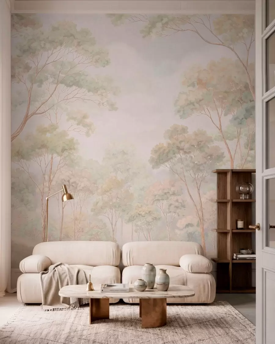 Murale Scène forestière lumineuse avec de grands arbres w05624