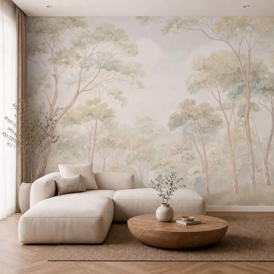 Murale Scène forestière lumineuse avec de grands arbres w05624