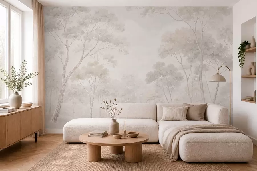 Murale Une forêt brumeuse aux tons pastel w05624v1
