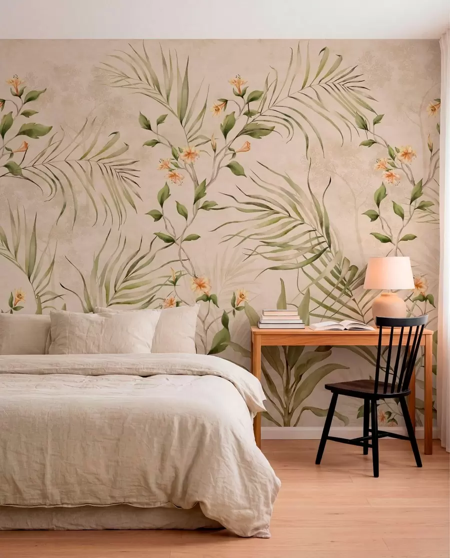 Murale Feuilles tropicales et fleurs délicates sur fond beige w05625