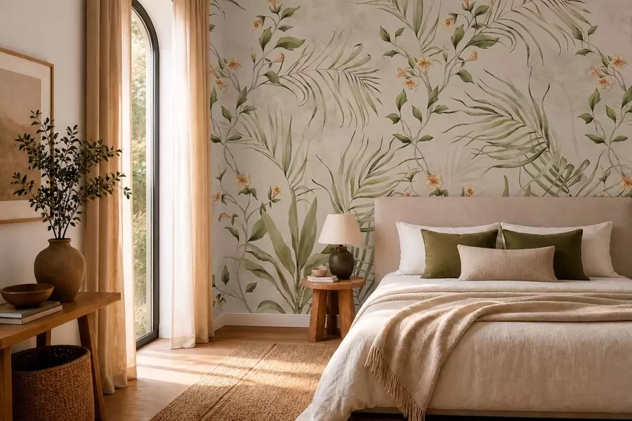 fototapeter Tropiske blade og bløde blomster på beige baggrund w05625