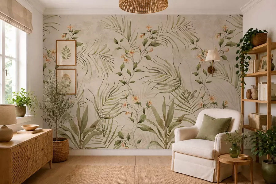 fototapeter Tropiske blade og bløde blomster på beige baggrund w05625