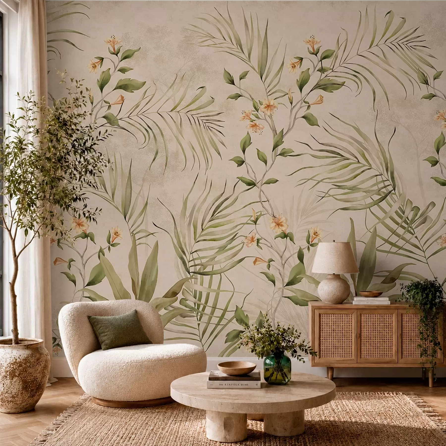 Murale Feuilles tropicales et fleurs délicates sur fond beige w05625