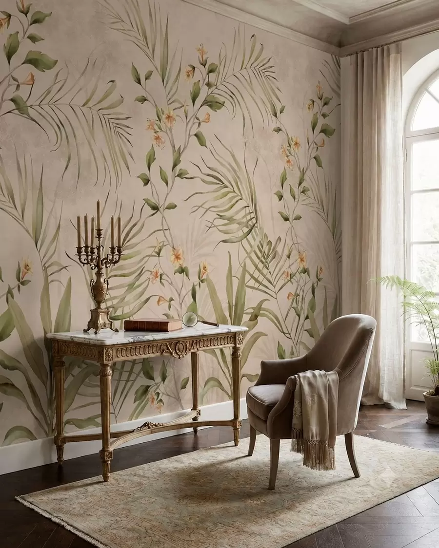 fototapeter Tropiske blade og bløde blomster på beige baggrund w05625