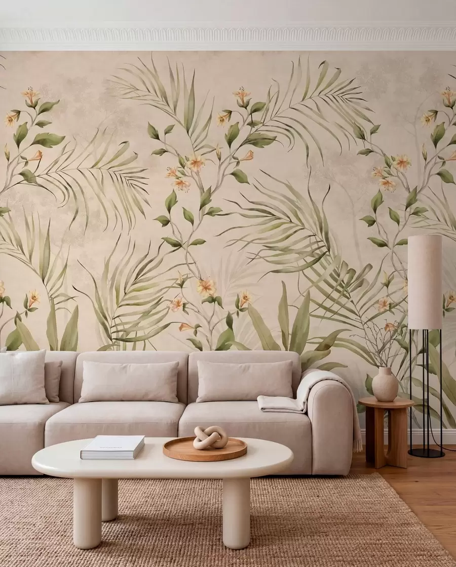Murale Feuilles tropicales et fleurs délicates sur fond beige w05625