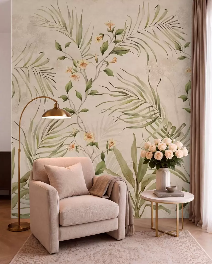 fototapeter Tropiske blade og bløde blomster på beige baggrund w05625
