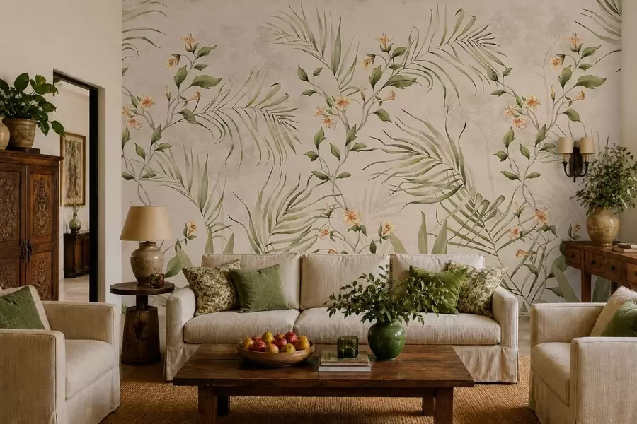 fototapeter Tropiske blade og bløde blomster på beige baggrund w05625