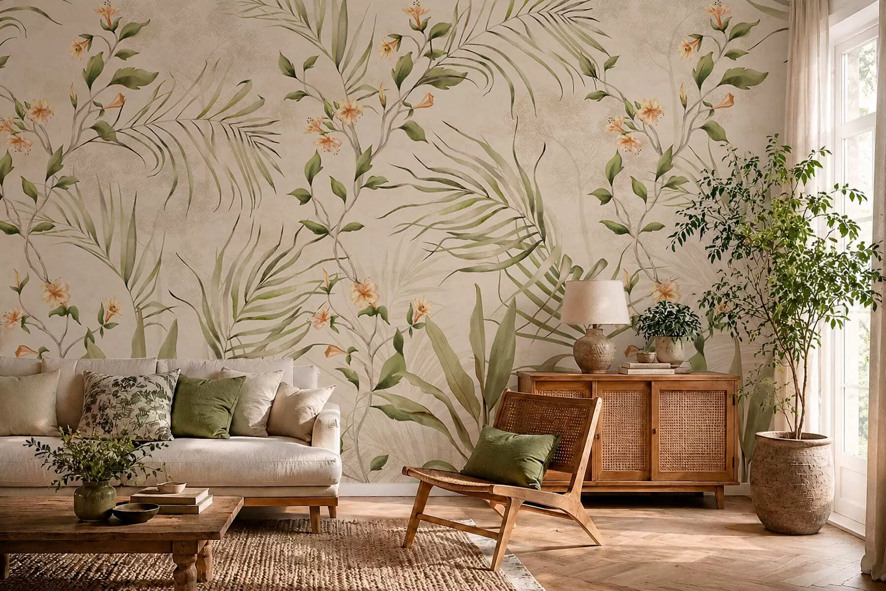 fototapeter Tropiske blade og bløde blomster på beige baggrund w05625