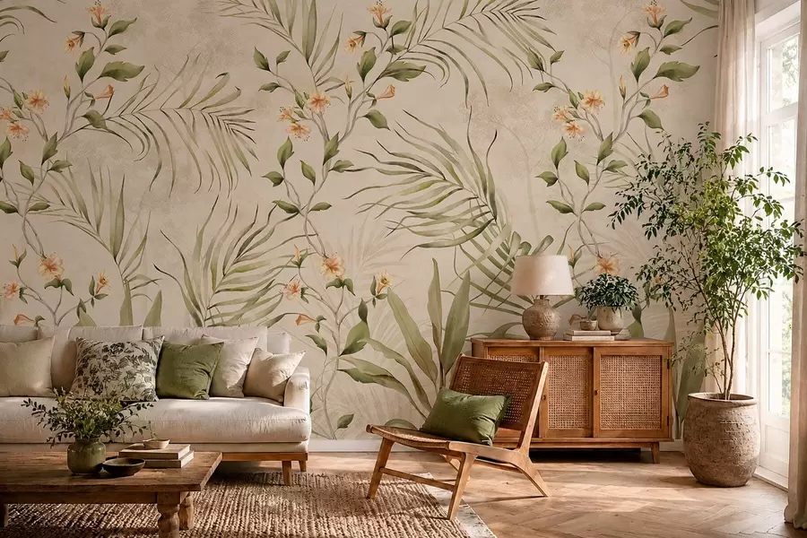 fototapeter Tropiske blade og bløde blomster på beige baggrund w05625