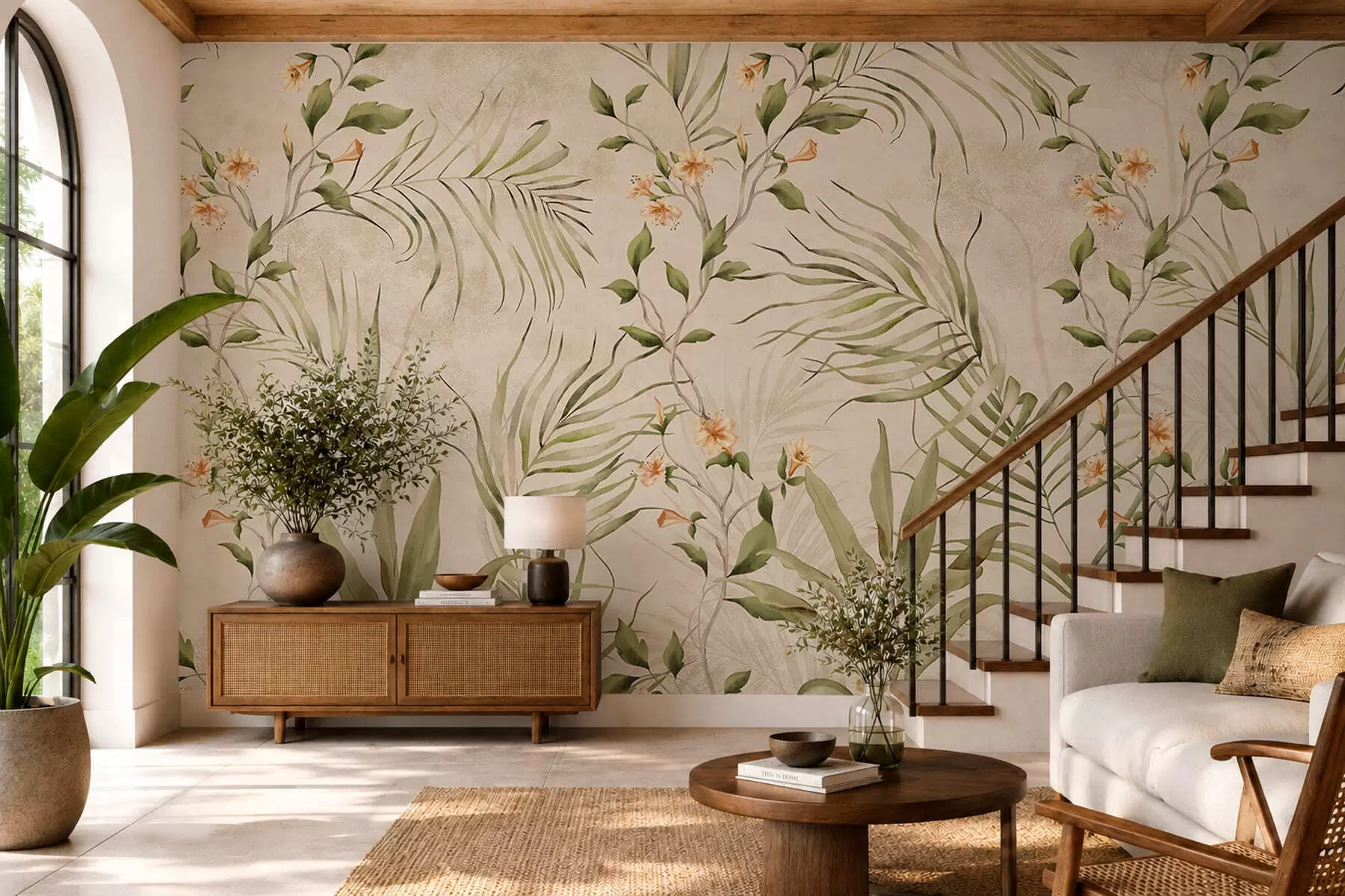 fototapeter Tropiske blade og bløde blomster på beige baggrund w05625