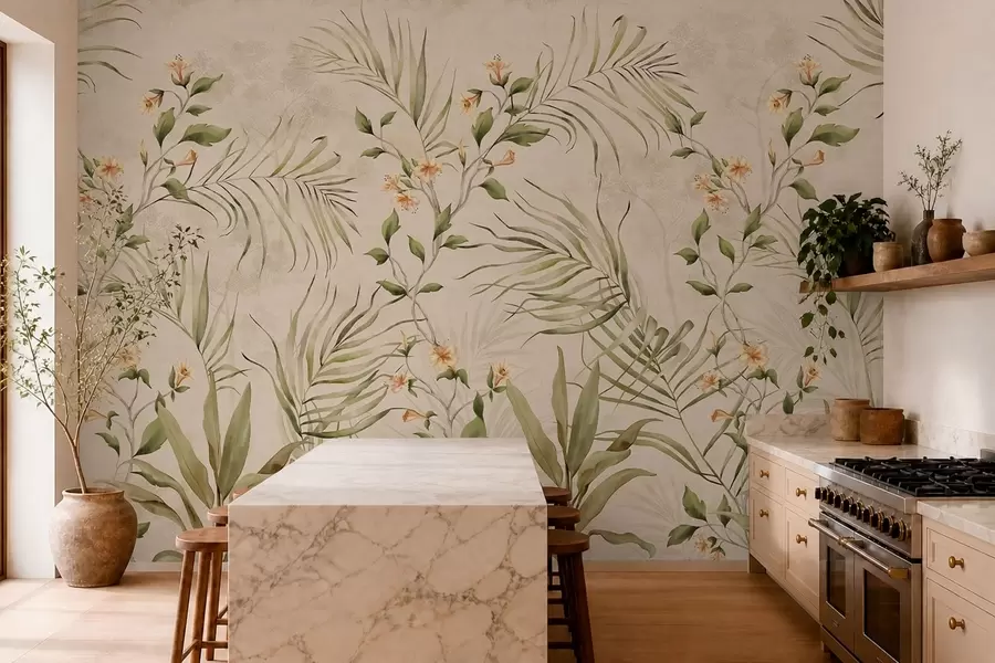 fototapeter Tropiske blade og bløde blomster på beige baggrund w05625