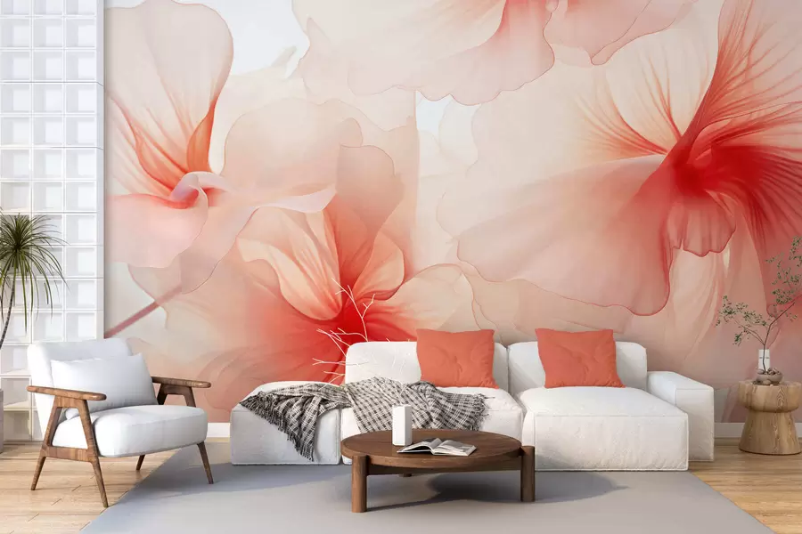 fototapeter Blide, lyserøde blomster med luftige, gennemsigtige kronblade i akvarelstil, en elegant blomsterkomposition w05360