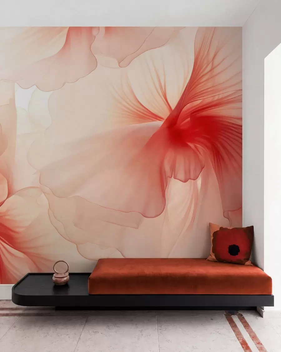 fototapeter Blide, lyserøde blomster med luftige, gennemsigtige kronblade i akvarelstil, en elegant blomsterkomposition w05360