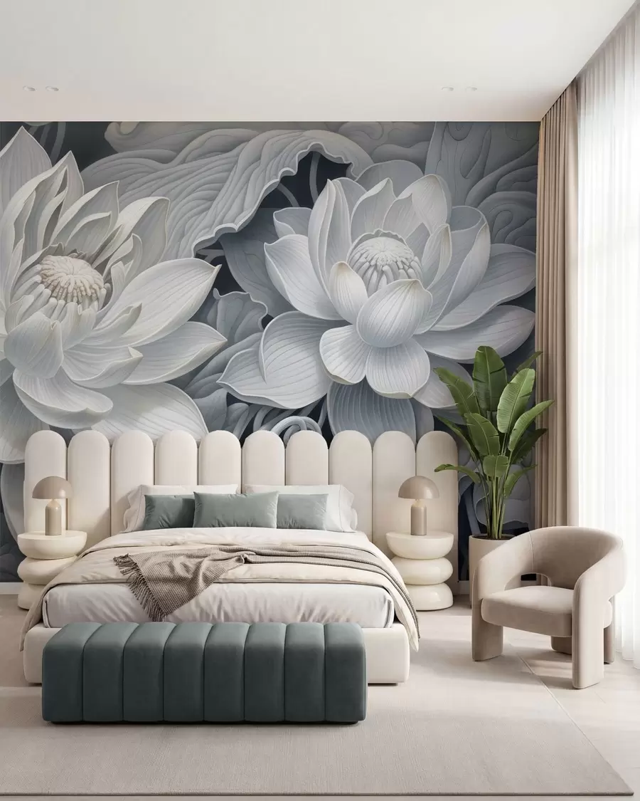 fototapeter Vintage lotusblomster i bløde sepiafarver med detaljerede kronblade, kunstnerisk botanisk illustration w05494