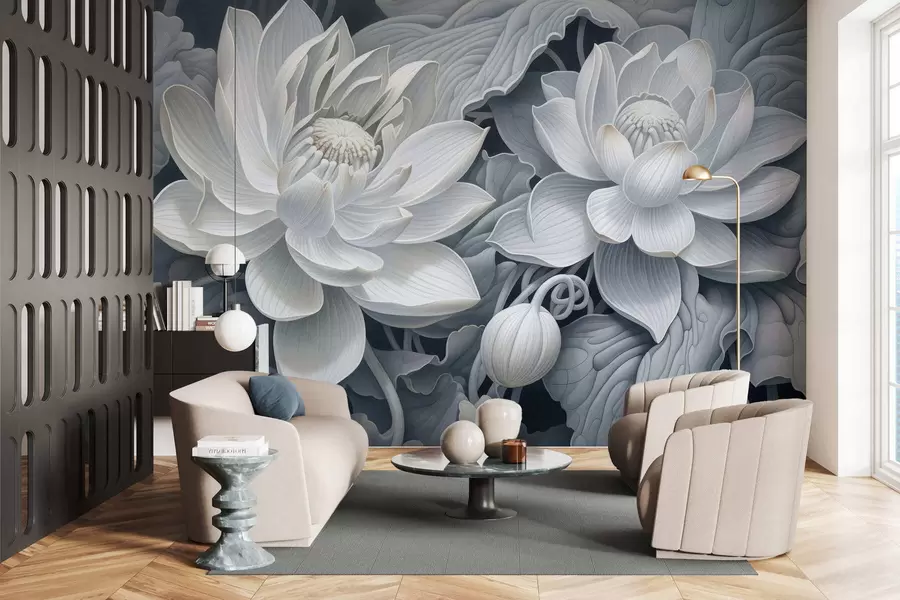 fototapeter Vintage lotusblomster i bløde sepiafarver med detaljerede kronblade, kunstnerisk botanisk illustration w05494