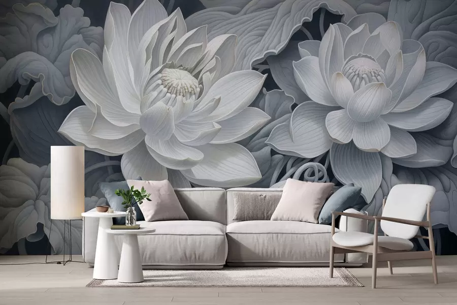 fototapeter Vintage lotusblomster i bløde sepiafarver med detaljerede kronblade, kunstnerisk botanisk illustration w05494