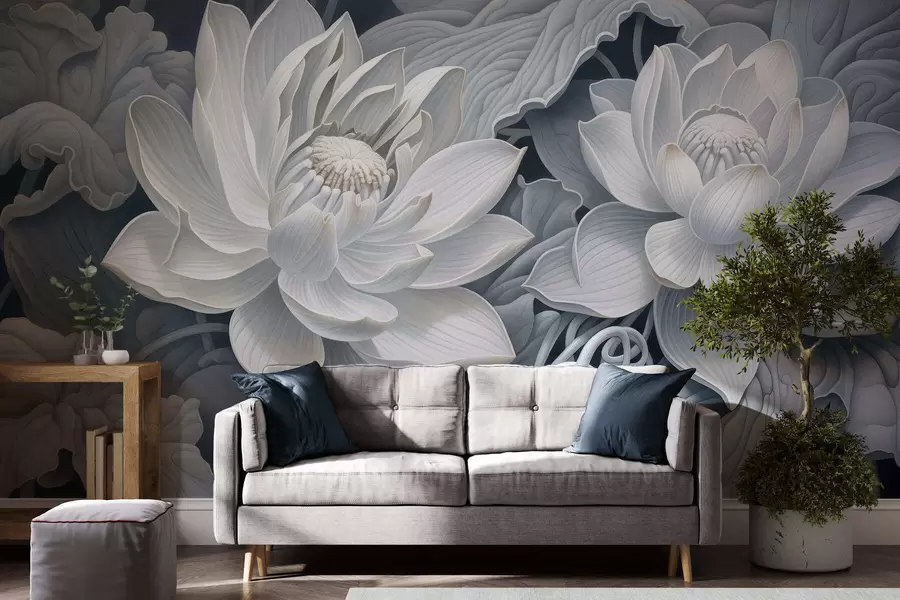 fototapeter Vintage lotusblomster i bløde sepiafarver med detaljerede kronblade, kunstnerisk botanisk illustration w05494