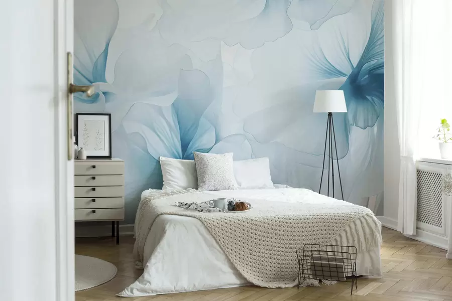 fototapeter Blide, lyserøde blomster med luftige, gennemsigtige kronblade i akvarelstil, en elegant blomsterkomposition w05360v2