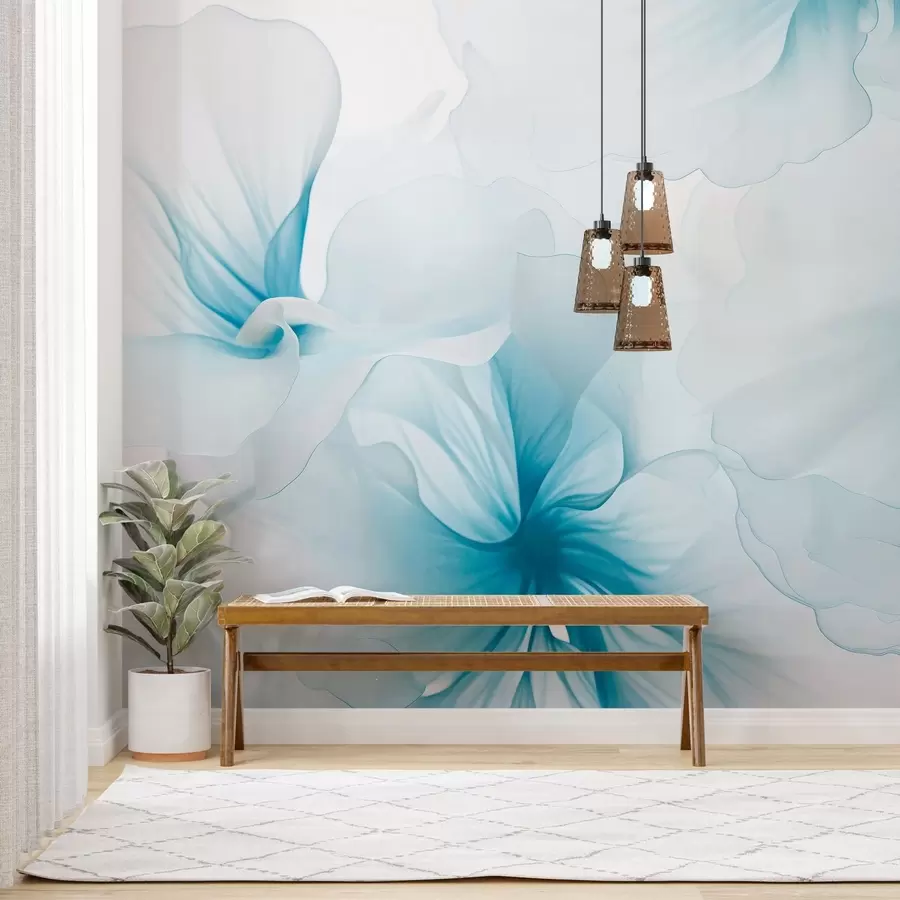 fototapeter Blide, lyserøde blomster med luftige, gennemsigtige kronblade i akvarelstil, en elegant blomsterkomposition w05360v2