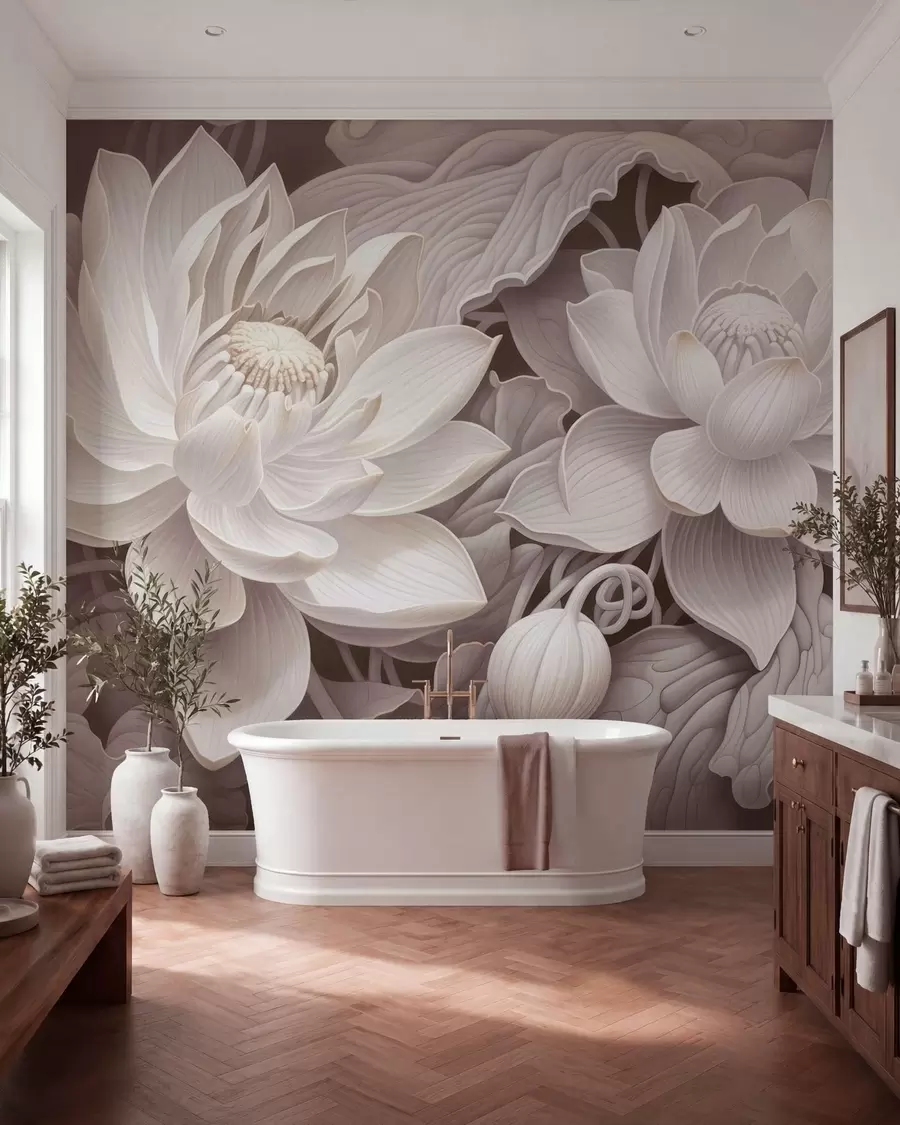 fototapeter Vintage lotusblomster i bløde sepiafarver med detaljerede kronblade, kunstnerisk botanisk illustration w05494v1