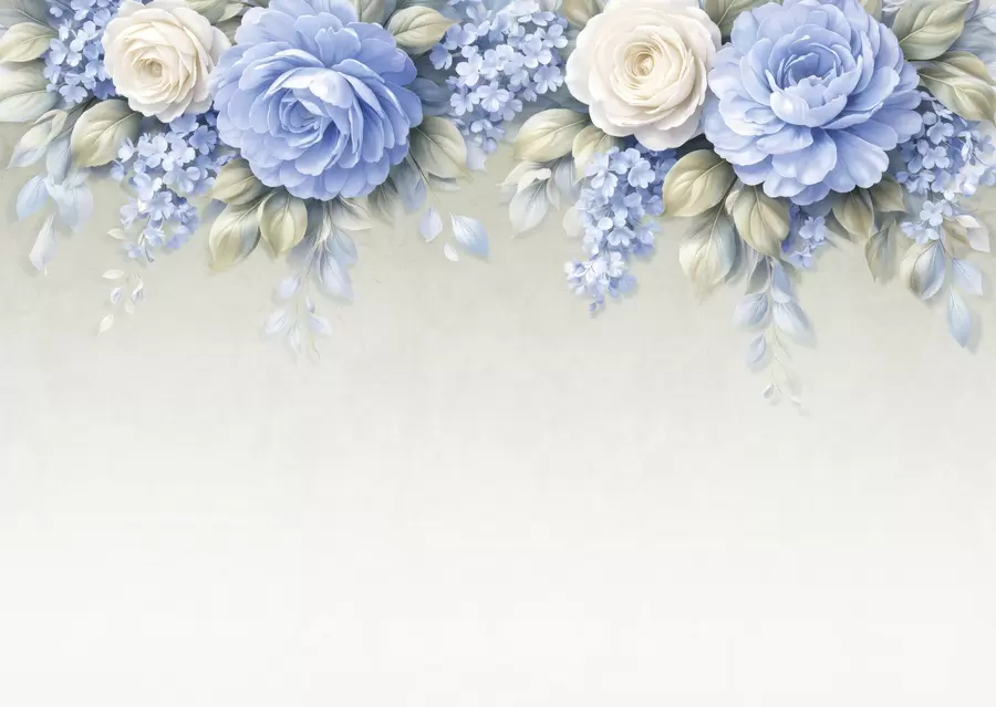 fototapeter Delikate roser og blomsterklynger i en botanisk komposition inspireret af porcelæn med bløde, lagdelte kronblade og elegante, bølgende blade w05495