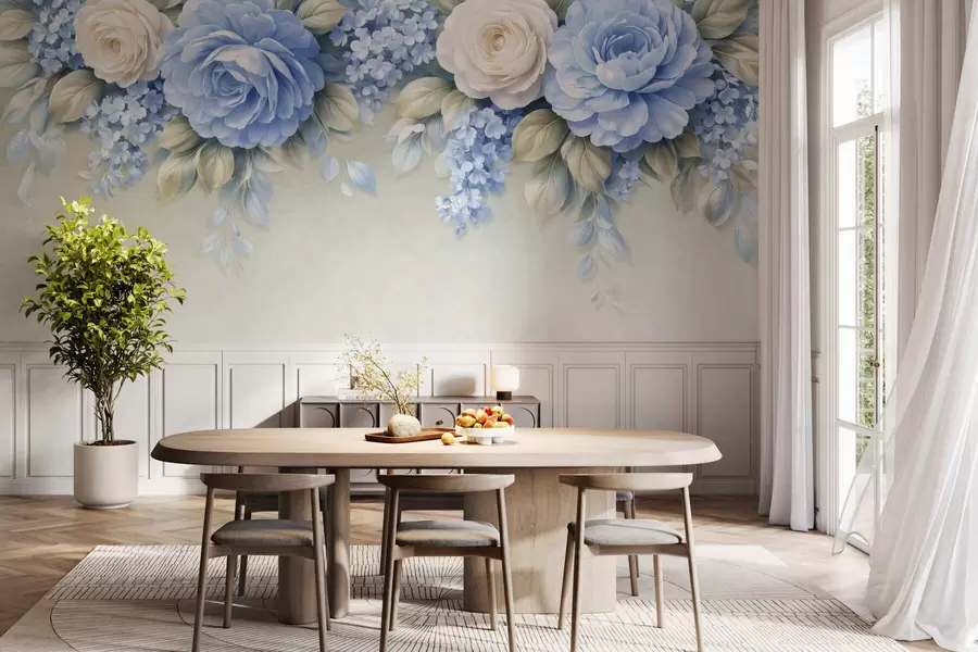 fototapeter Delikate roser og blomsterklynger i en botanisk komposition inspireret af porcelæn med bløde, lagdelte kronblade og elegante, bølgende blade w05495