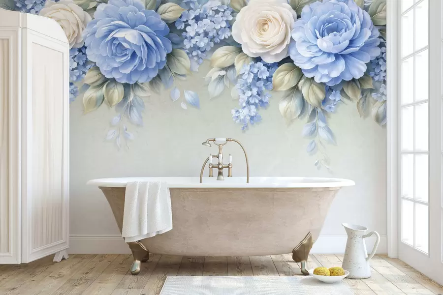 Murale Des roses délicates et des bouquets floraux dans une composition botanique d'inspiration porcelaine, avec des pétales superposés aux contours doux et des feuilles fluides et élégantes w05495