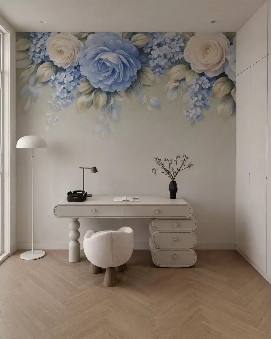 fototapeter Delikate roser og blomsterklynger i en botanisk komposition inspireret af porcelæn med bløde, lagdelte kronblade og elegante, bølgende blade w05495