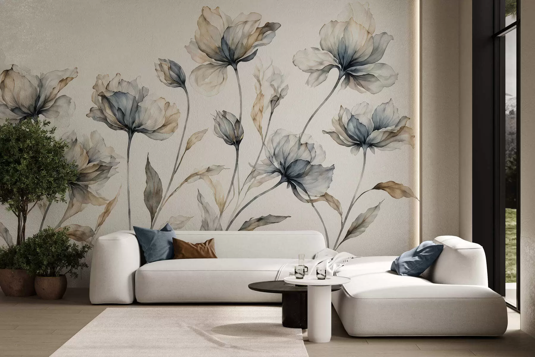 fototapeter Elegante, luftige blomster med gennemsigtige, lagdelte kronblade på lange, spinkle stilke w05579
