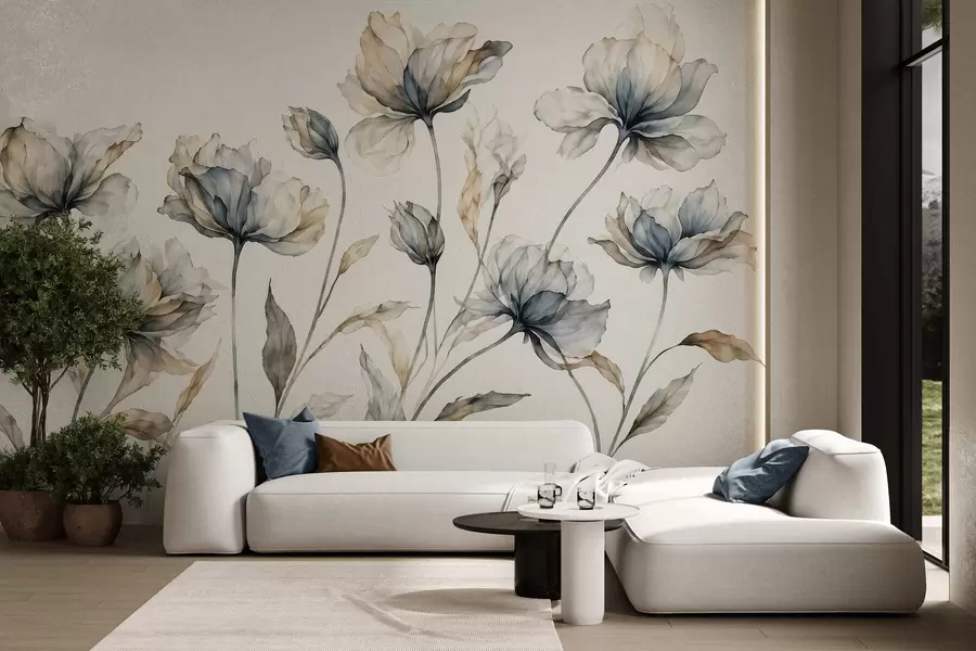 fototapeter Elegante, luftige blomster med gennemsigtige, lagdelte kronblade på lange, spinkle stilke w05579