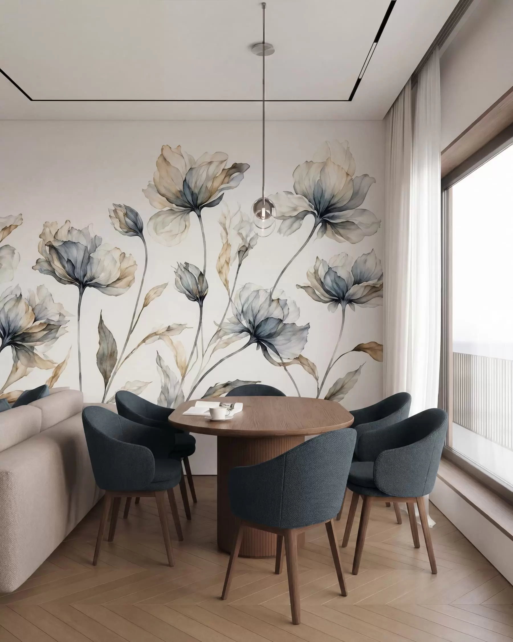 fototapeter Elegante, luftige blomster med gennemsigtige, lagdelte kronblade på lange, spinkle stilke w05579