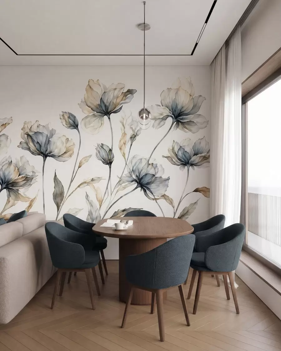 fototapeter Elegante, luftige blomster med gennemsigtige, lagdelte kronblade på lange, spinkle stilke w05579