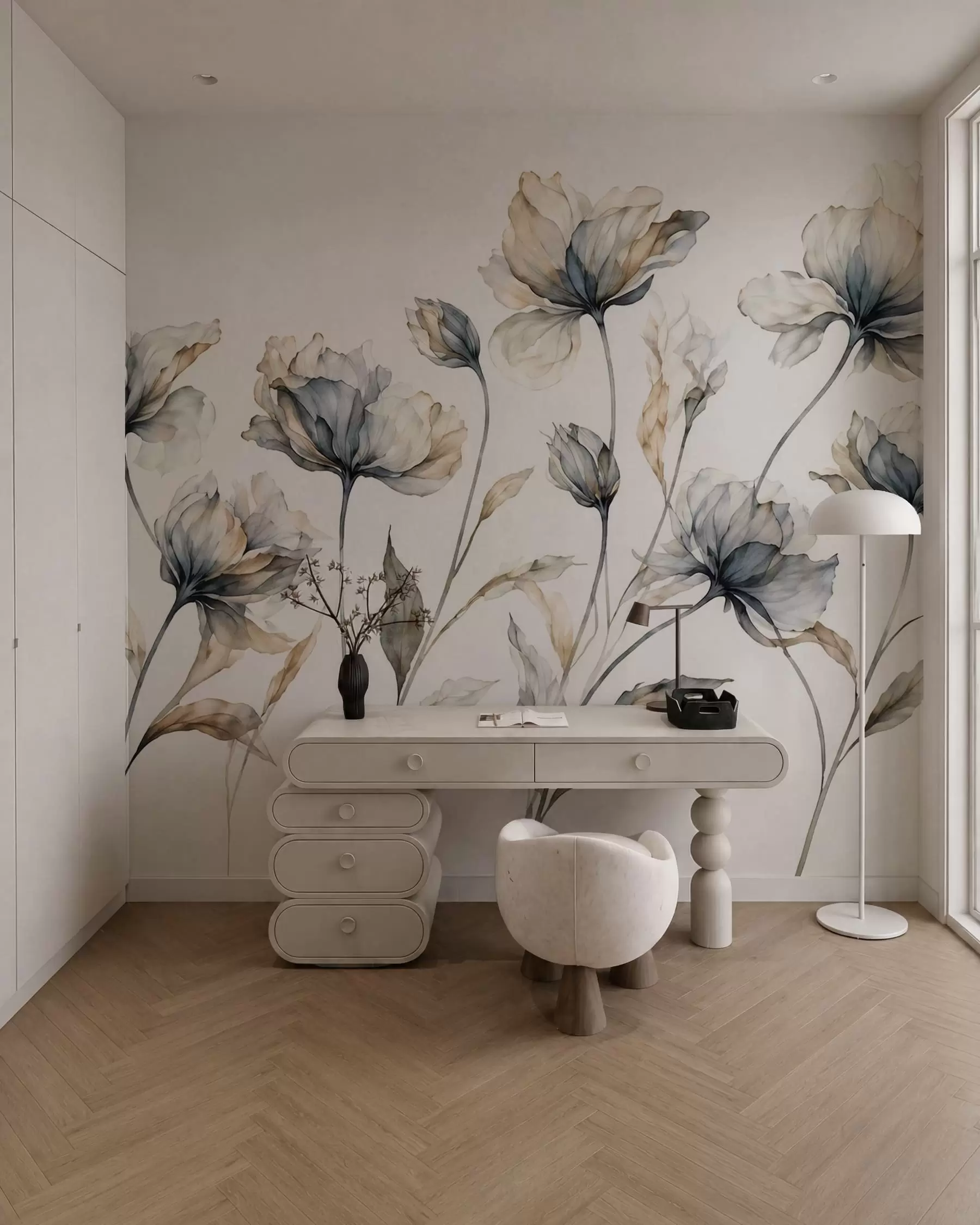 fototapeter Elegante, luftige blomster med gennemsigtige, lagdelte kronblade på lange, spinkle stilke w05579
