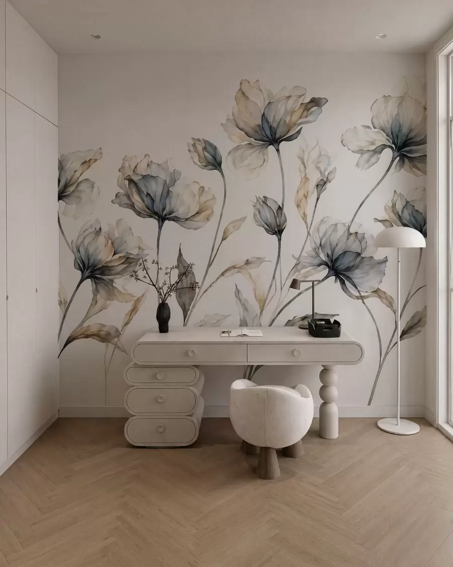 fototapeter Elegante, luftige blomster med gennemsigtige, lagdelte kronblade på lange, spinkle stilke w05579