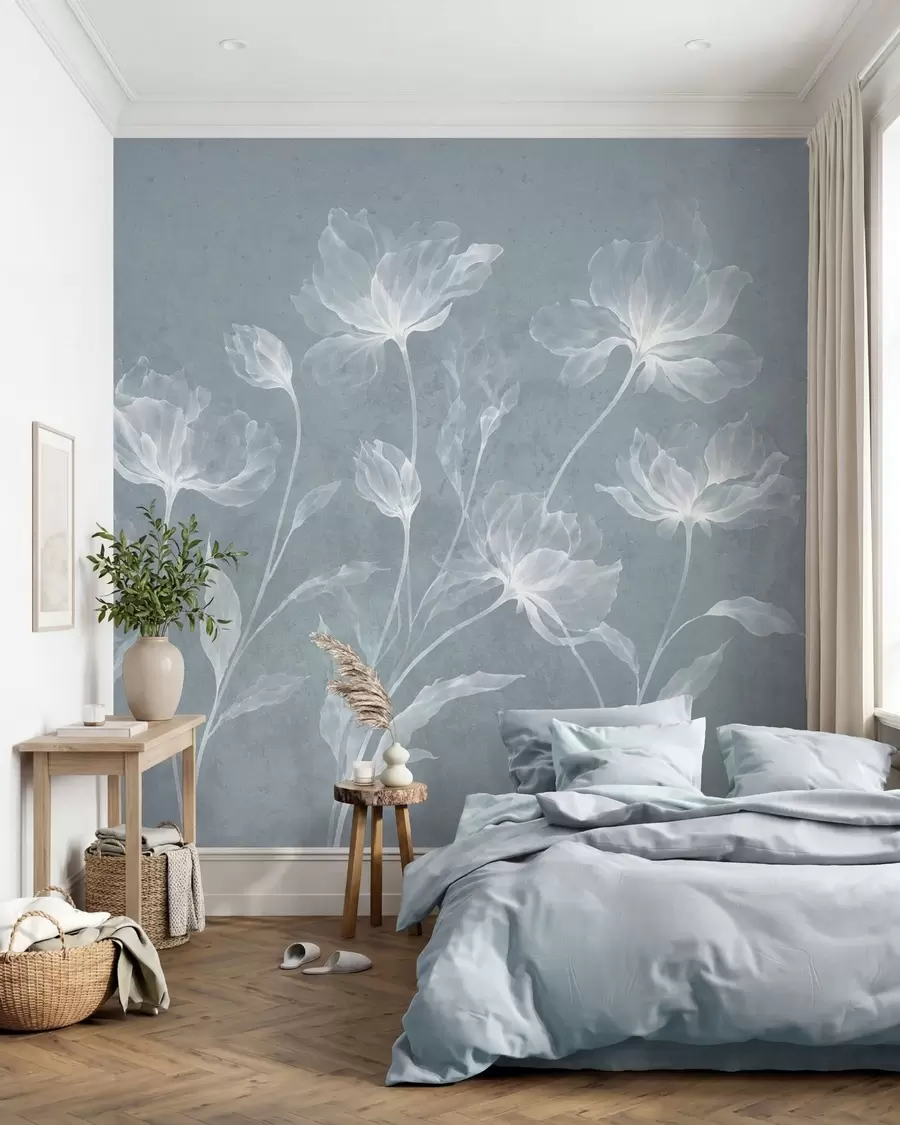 fototapeter Elegante, luftige blomster med gennemsigtige, lagdelte kronblade på lange, spinkle stilke w05579v2