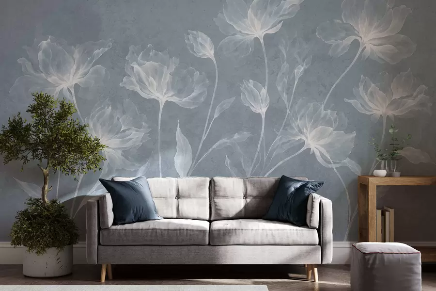Murale Des fleurs élégantes et aériennes, aux pétales translucides superposés, portées par de longues tiges délicates w05579v2