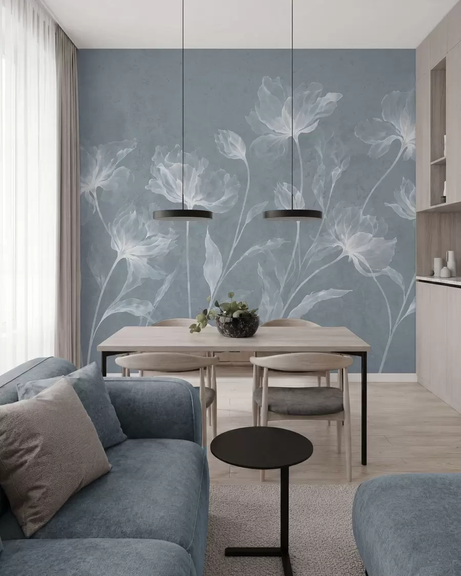 fototapeter Elegante, luftige blomster med gennemsigtige, lagdelte kronblade på lange, spinkle stilke w05579v2