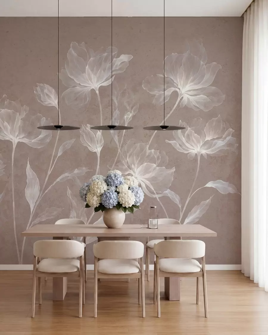fototapeter Elegante, luftige blomster med gennemsigtige, lagdelte kronblade på lange, spinkle stilke w05579v3