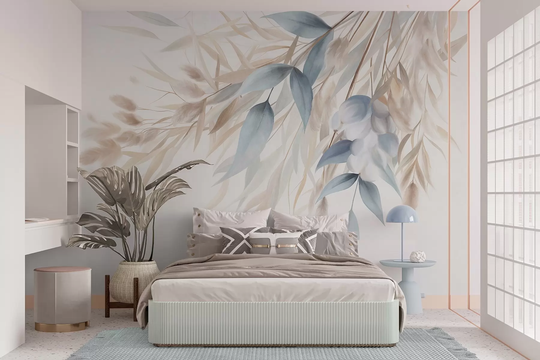 Murale Herbe séchée texturée, herbe de la pampa et feuilles bleues, peintes dans un style aquarelle tout en douceur w09868