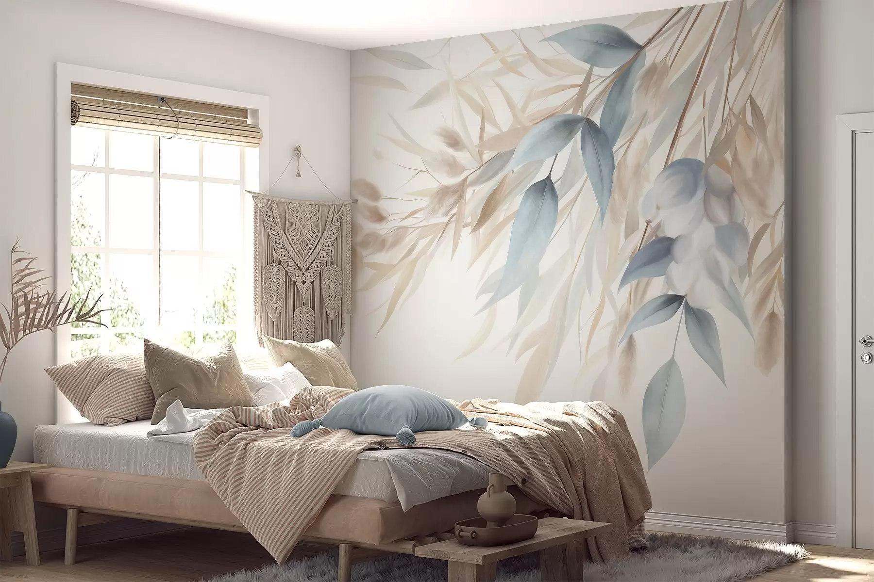 Murale Herbe séchée texturée, herbe de la pampa et feuilles bleues, peintes dans un style aquarelle tout en douceur w09868