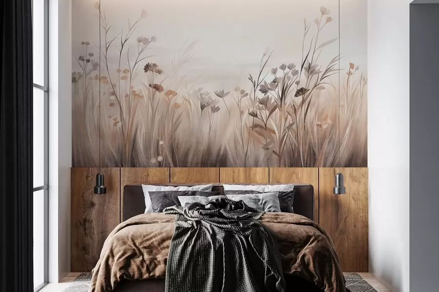 Murale Un champ de fleurs sauvages aux tons bruns et beiges discrets, parsemé de hautes herbes et de fleurs délicates w09872