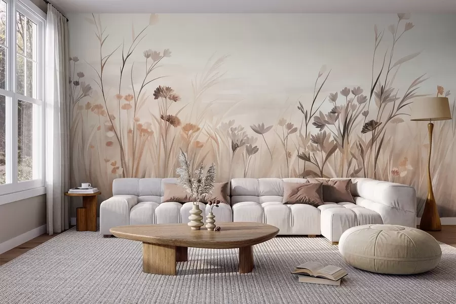 fototapeter En mark med vilde blomster i dæmpede brune og beige nuancer, med højt græs og sarte blomster w09872