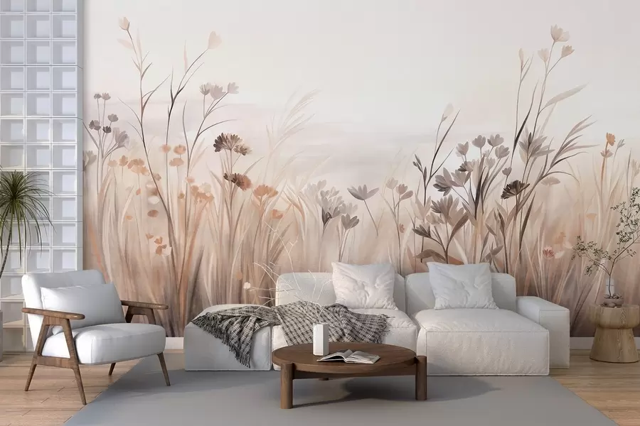 fototapeter En mark med vilde blomster i dæmpede brune og beige nuancer, med højt græs og sarte blomster w09872
