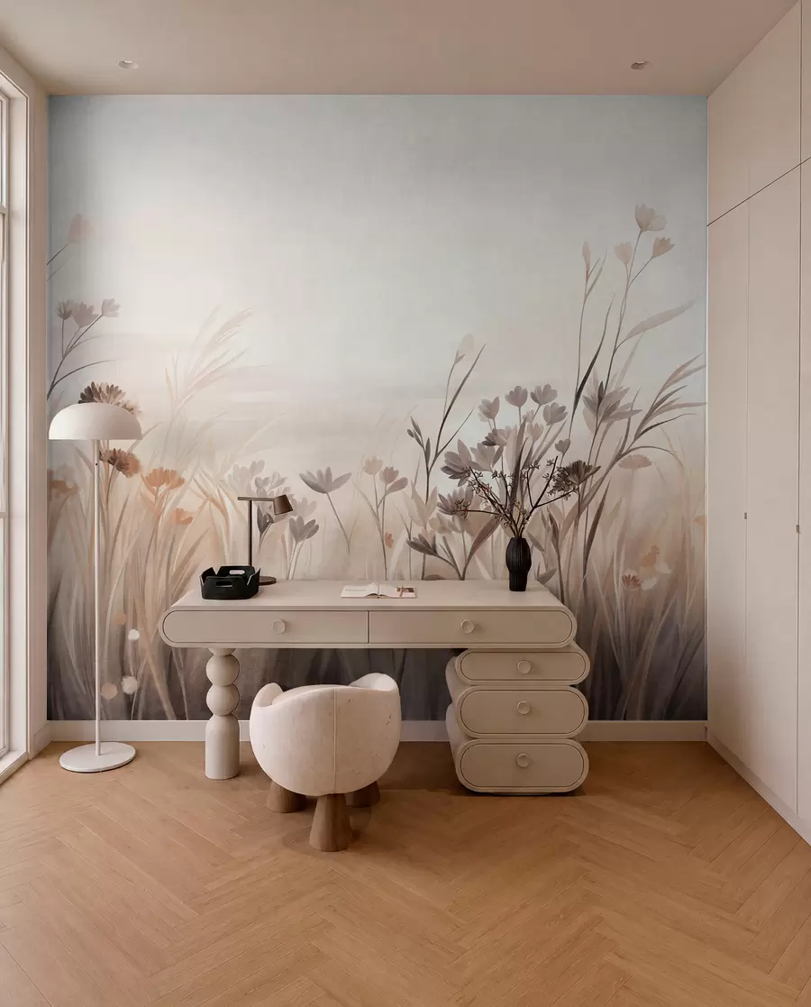 fototapeter En mark med vilde blomster i dæmpede brune og beige nuancer, med højt græs og sarte blomster w09872