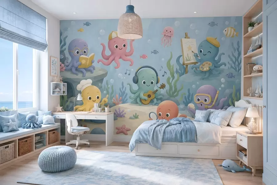 Murale Des pieuvres joyeuses et créatives dans le monde sous-marin w05568
