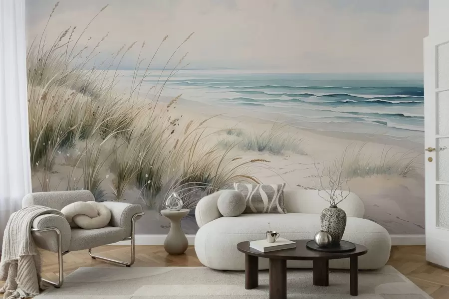 Murale Une plage de sable avec des vagues et des dunes w05537