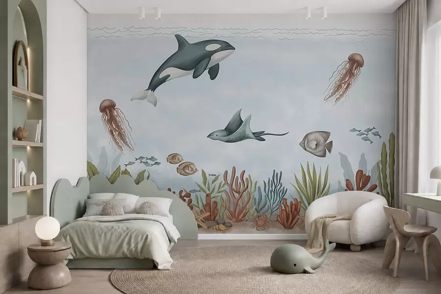 Murale Des créatures marines parmi les coraux et les algues w05545