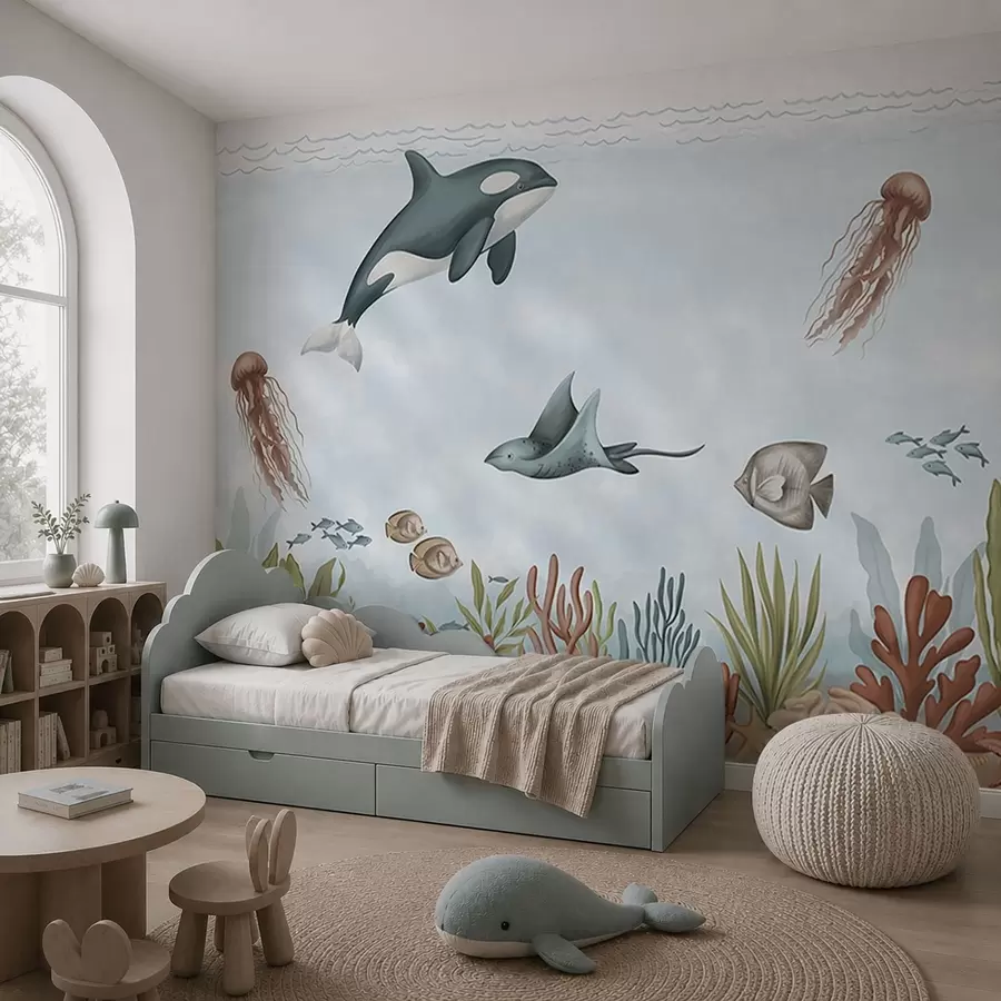 Murale Des créatures marines parmi les coraux et les algues w05545