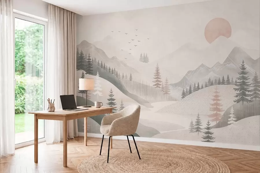 fototapeter Et minimalistisk bjerglandskab med fyrretræer w05626