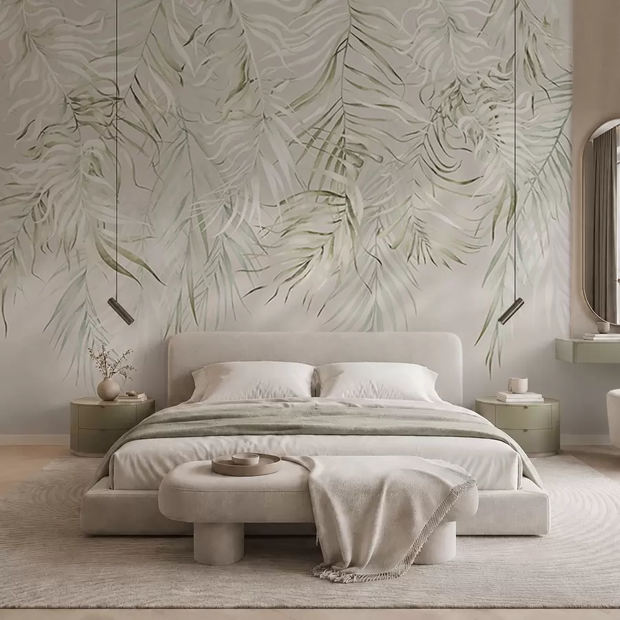 Murale Feuilles tropicales aux couleurs pastel sur fond clair w05627